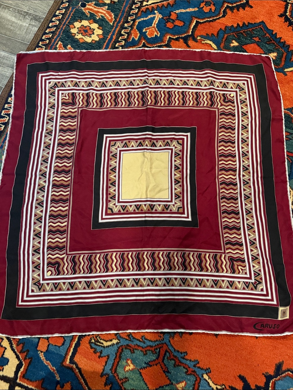 Vintage Caruso Silk Scarf in Burgundy, Black & Gold Trim